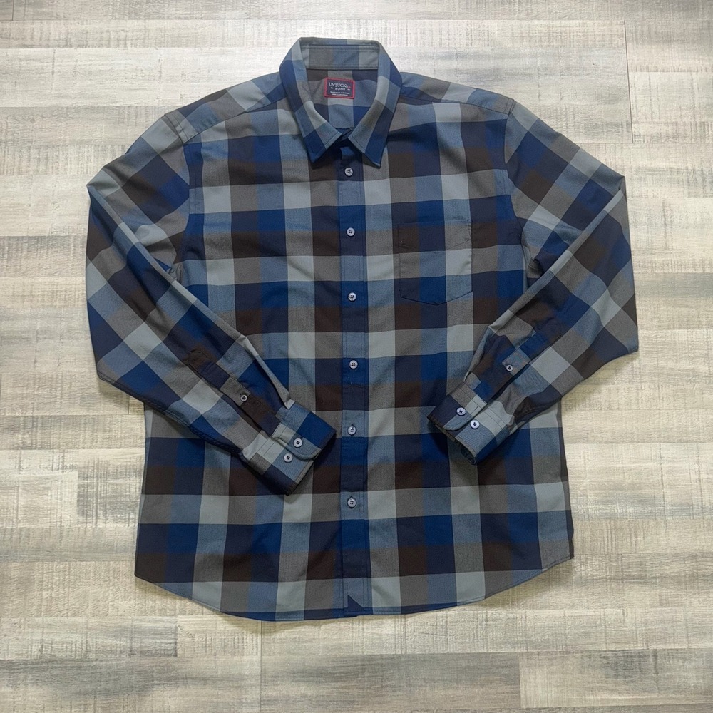 UNTUCKit Shirt Mens XL Blue Check Long Sleeve Stretch Button-Up Casual Pocket